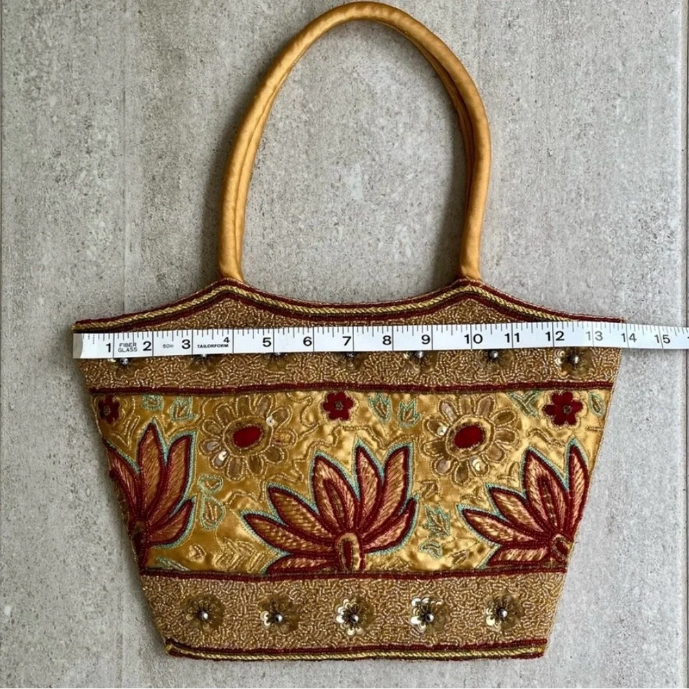 Hand Beaded Silk Indian Tote Bag  | Gold Floral Embroidery - Picture 7 of 8